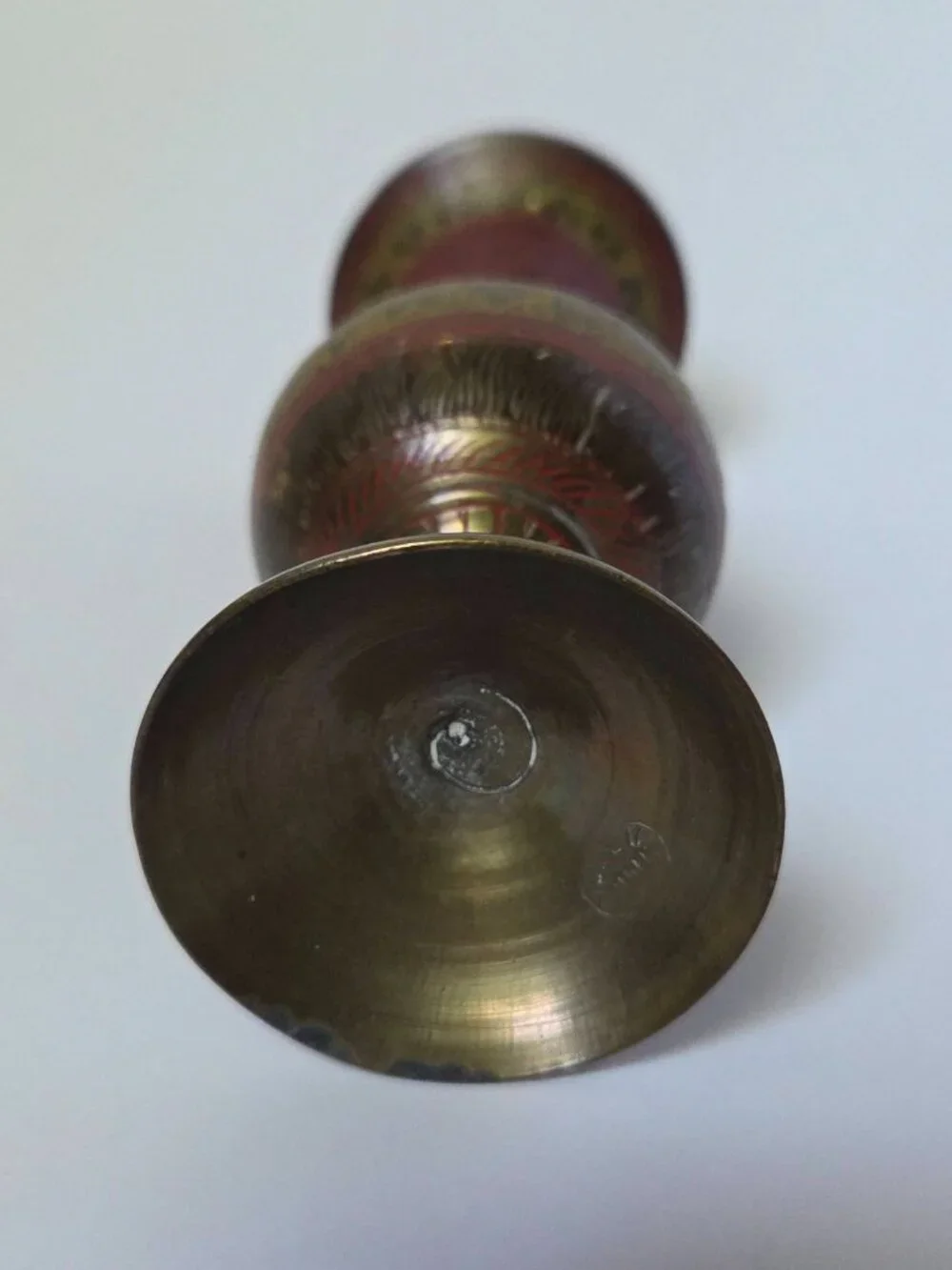 Vintage Enameled Brass Peacock Vase Made in India Hand Etched Red Pedestal Bud